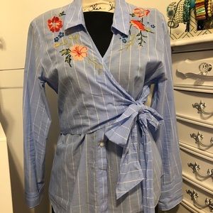 embroidered light blue striped top with side tie